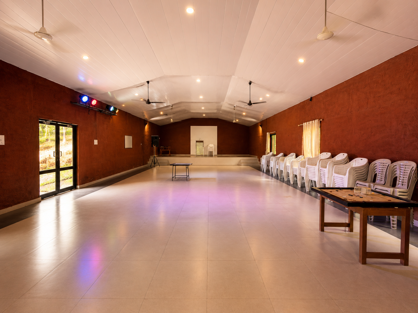 A grand banquet hall set for a celebration