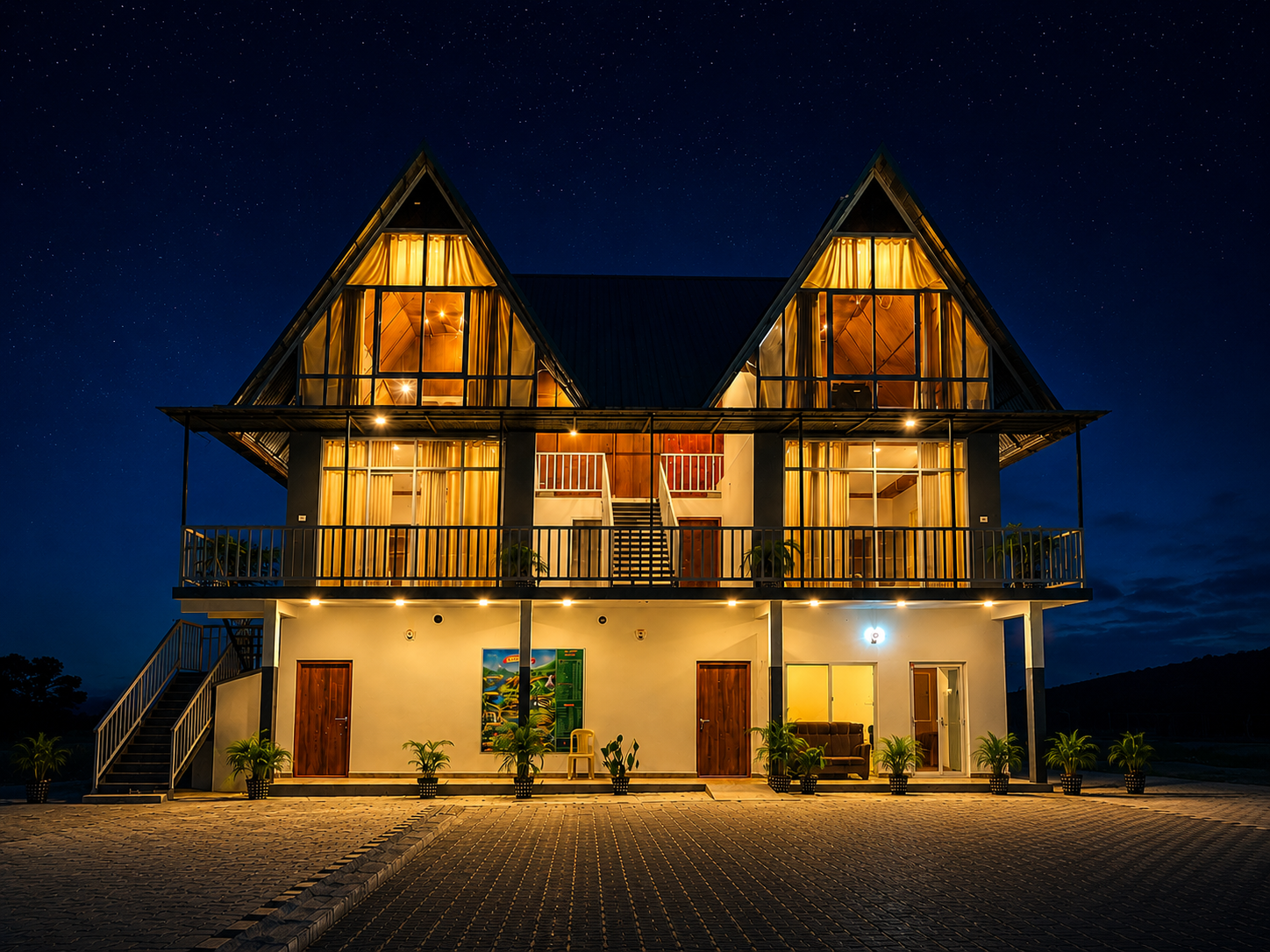 Twin A-frame villas glowing at night