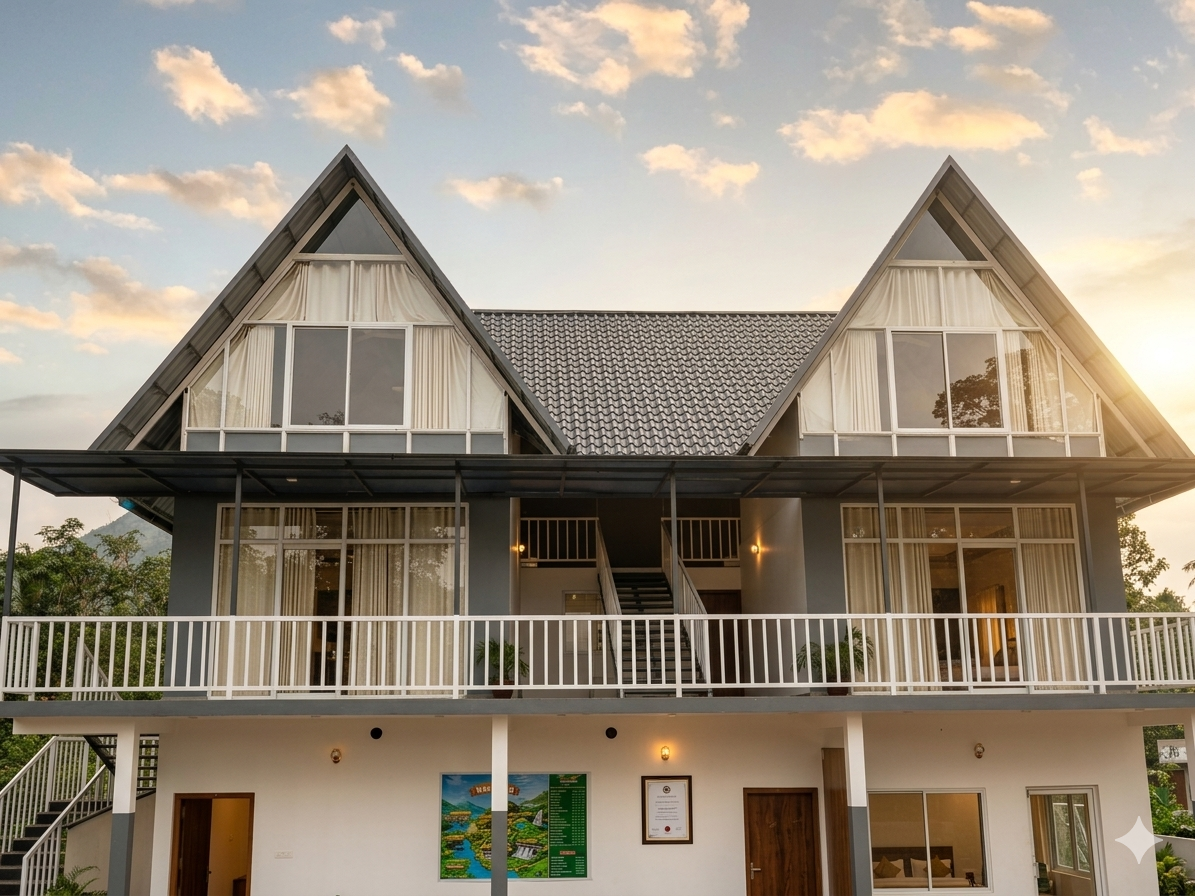 Twin A-frame villas with glass gables under a bright sky