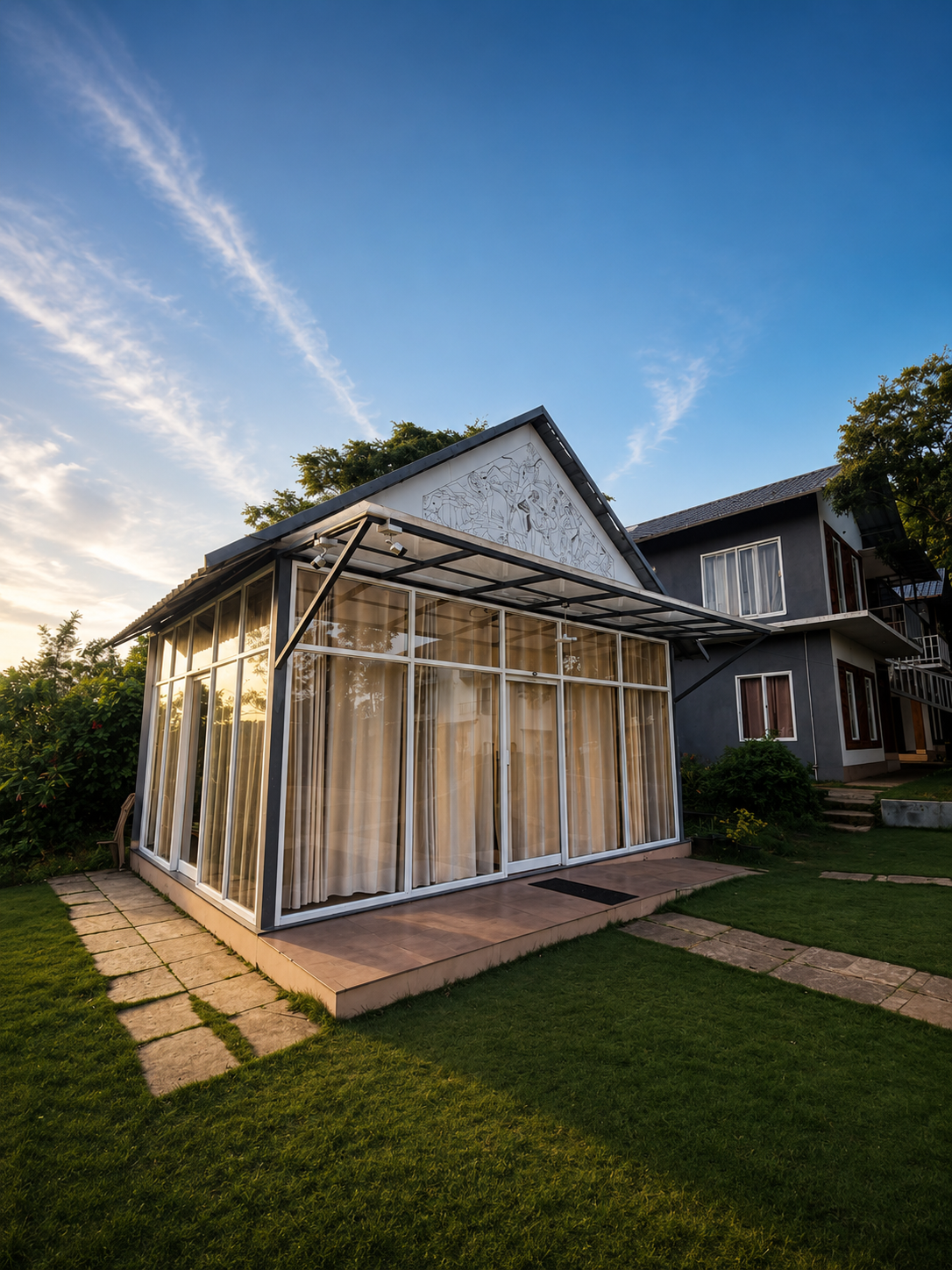 Glass Room Villa façade glowing at dusk